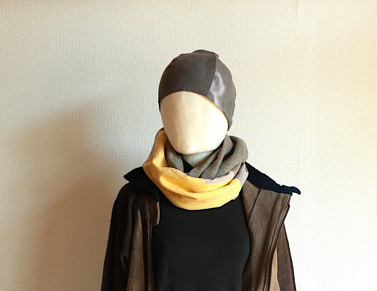 グレー/イエローグラデーション/ウール/綿/幅太/◎スヌード