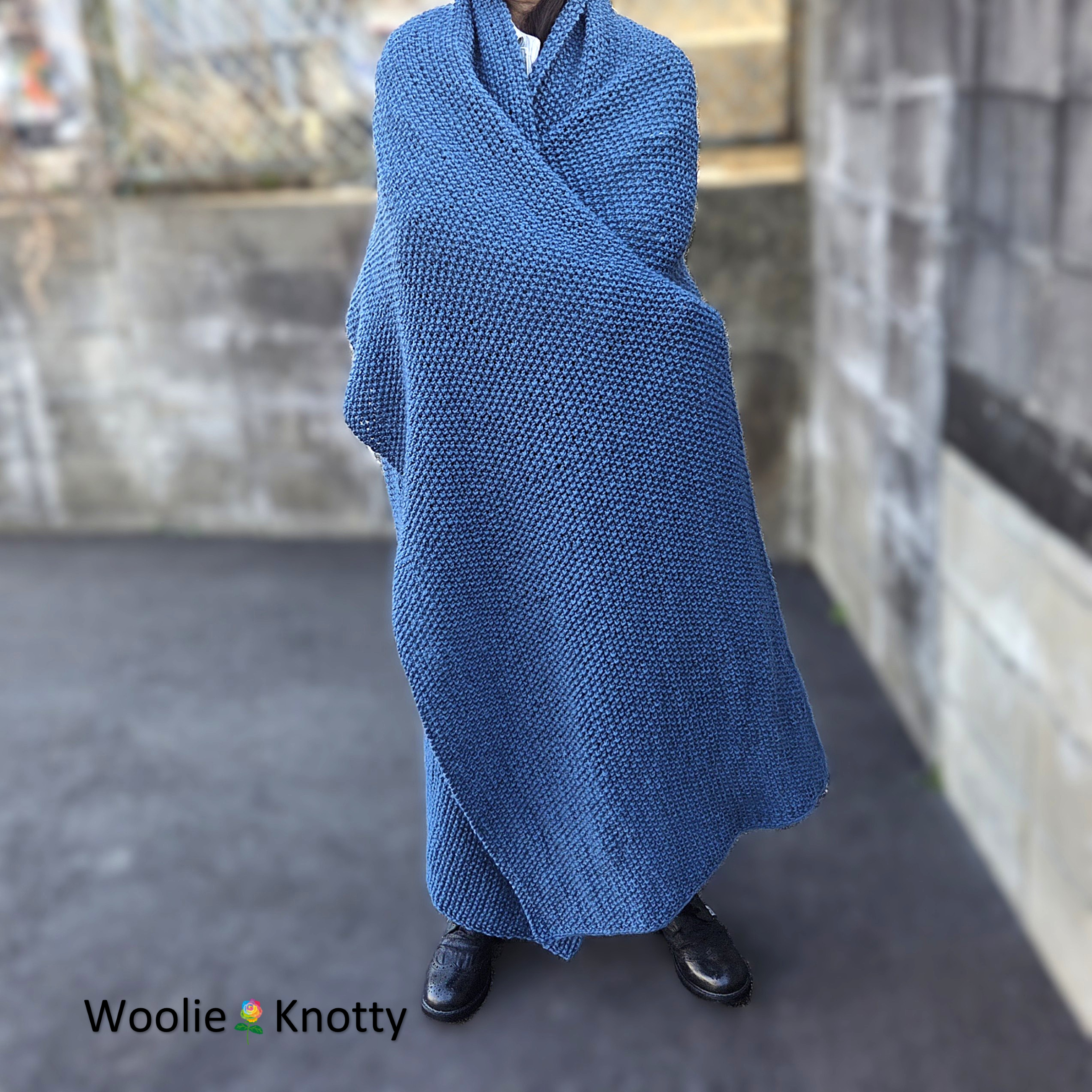天然ウール100％｜主役級ボリューム 鹿の子編み マフラー・ショール〈スモーキーブルーロング／約255cm〉