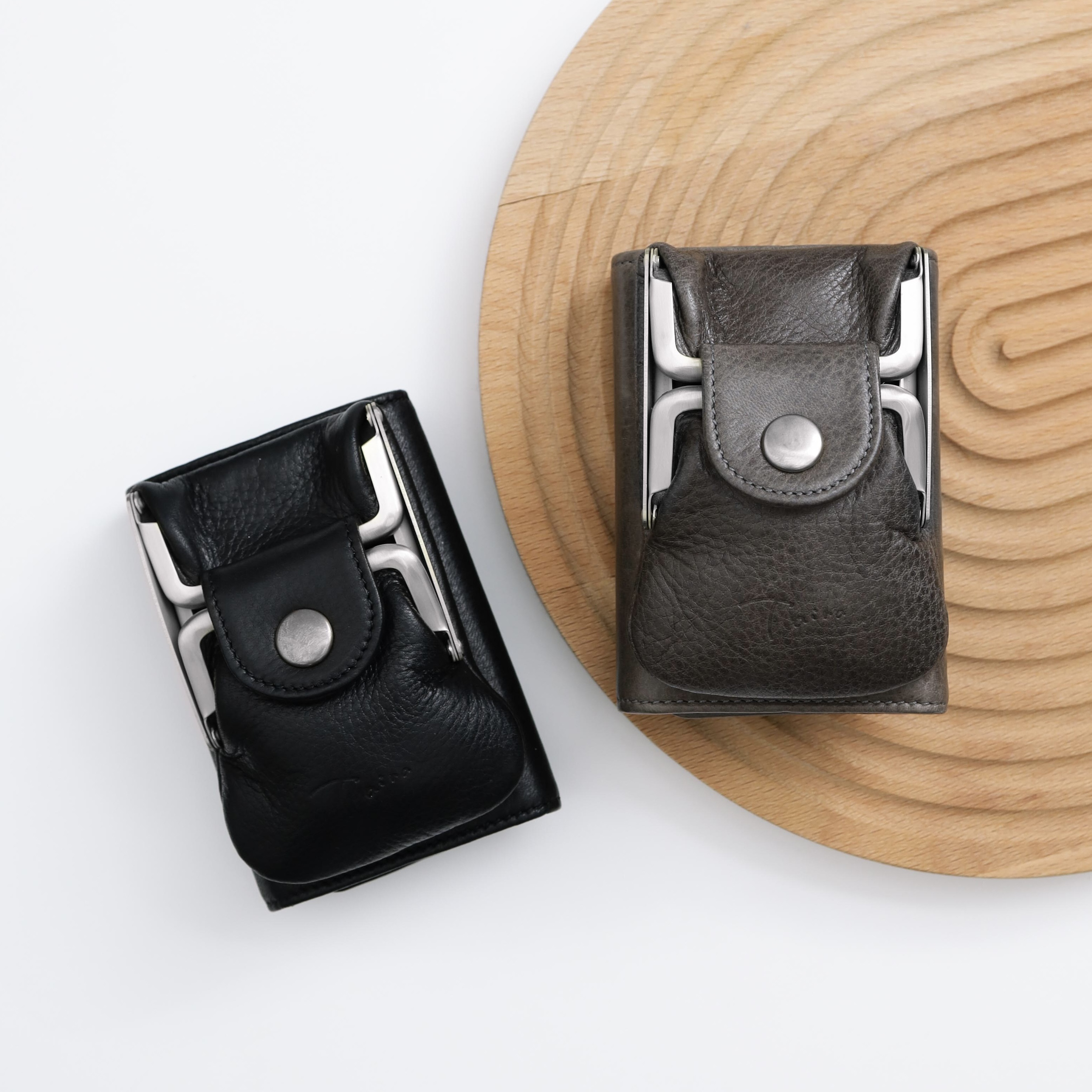 Kannon 三つ折り財布 マットシルバー金具 【受注生産】ブラック/グレー