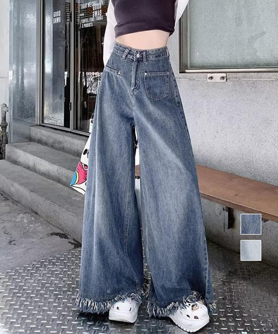 デニム　ワイドパンツ　フリンジ　大きいサイズ レディース 秋冬　春 新品