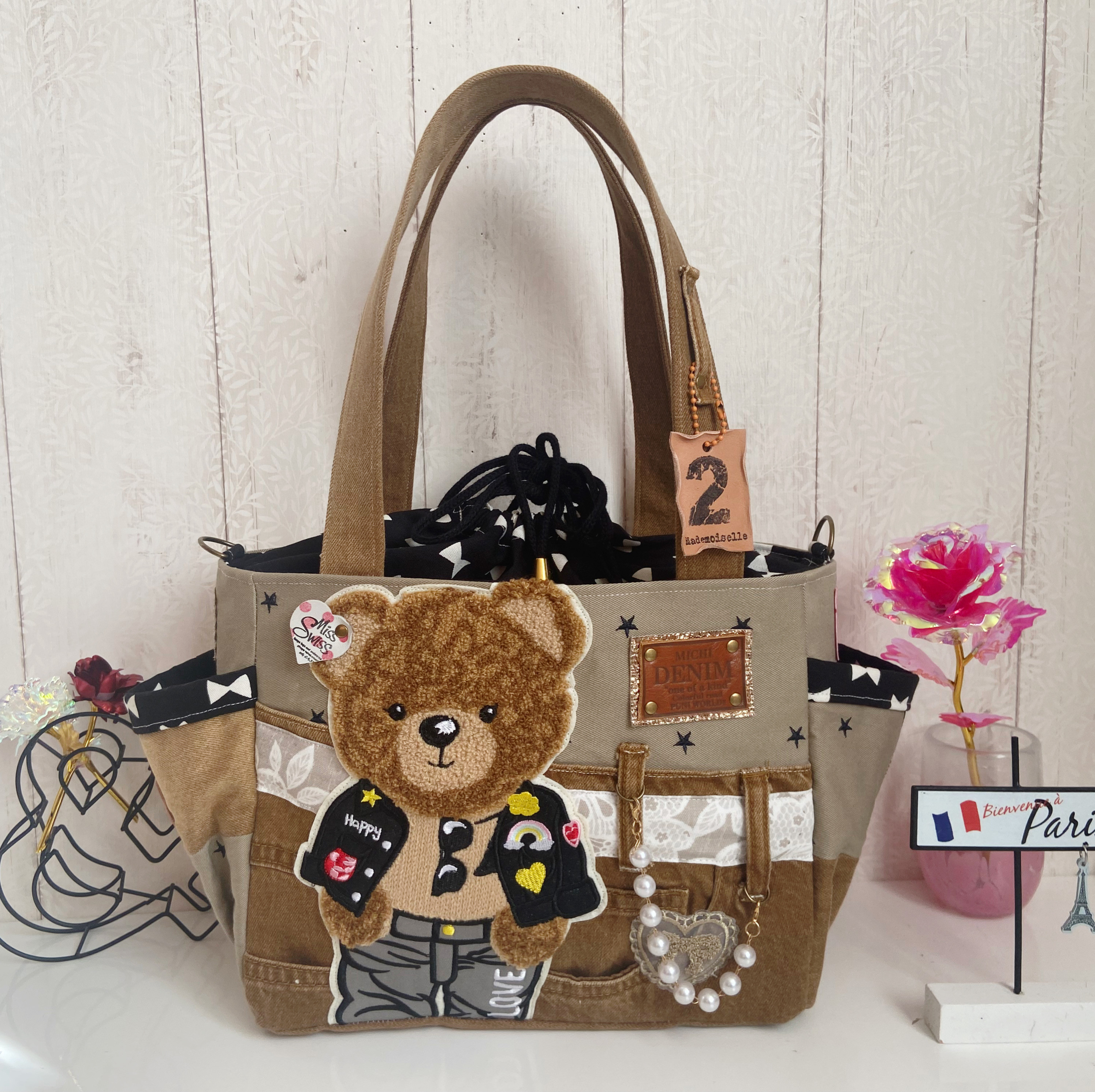 デニムリメイクバッグ　茶系デニム×クマ