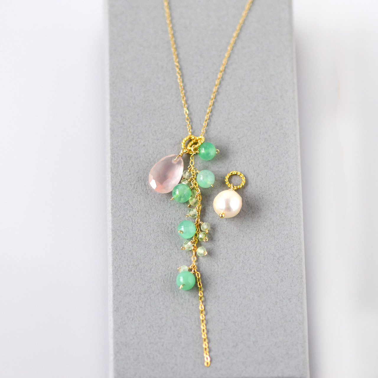 春風 ― ローズクォーツ × クリソプレーズ × アコヤ真珠 ペンダントトップ3点セット14kgf