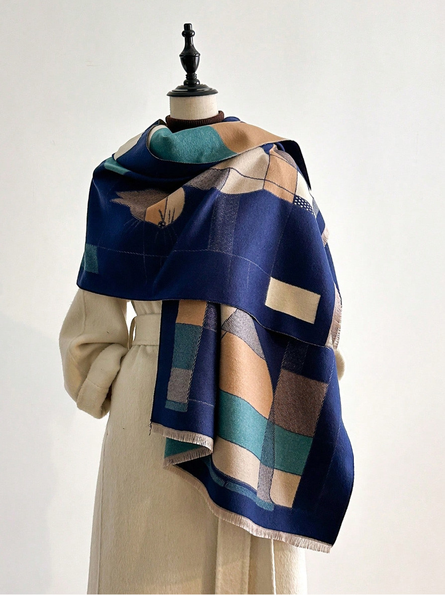 猫のモザイク風デザイン ジャカード織り大判ストール ネイビー マフラー