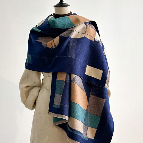 受注制作】猫のモザイク風デザイン ジャカード織り大判ストール