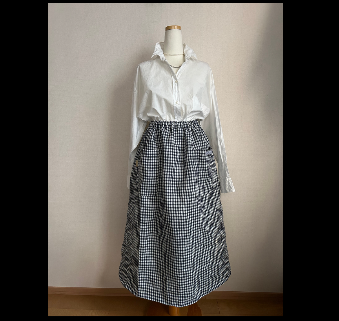 リネン100%ネイビーチェックギャザースカート 6,764円