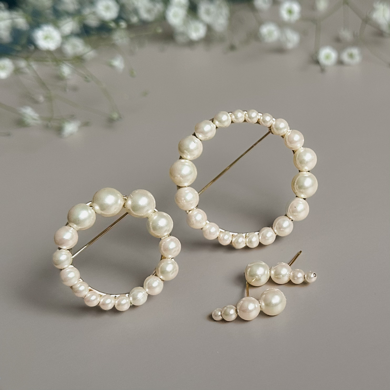 【フォーマル セット】 艶パールグラデーションブローチ＆ピアス/選べるサイズ・シルバーあり/綺麗めカジュアルにも