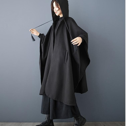 新品 大きいサイズ ゆったり ケープコート ポンチョ フード 黒 秋冬