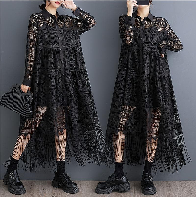 新品 大きいサイズ 贅沢レース シースルー フリンジ ワンピース春秋長袖