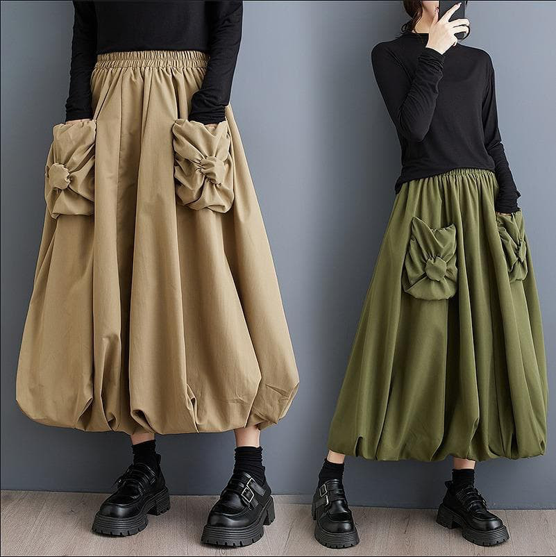大きいサイズ スカート　バルーン　カーキ　ポケット　レディース 秋冬　春