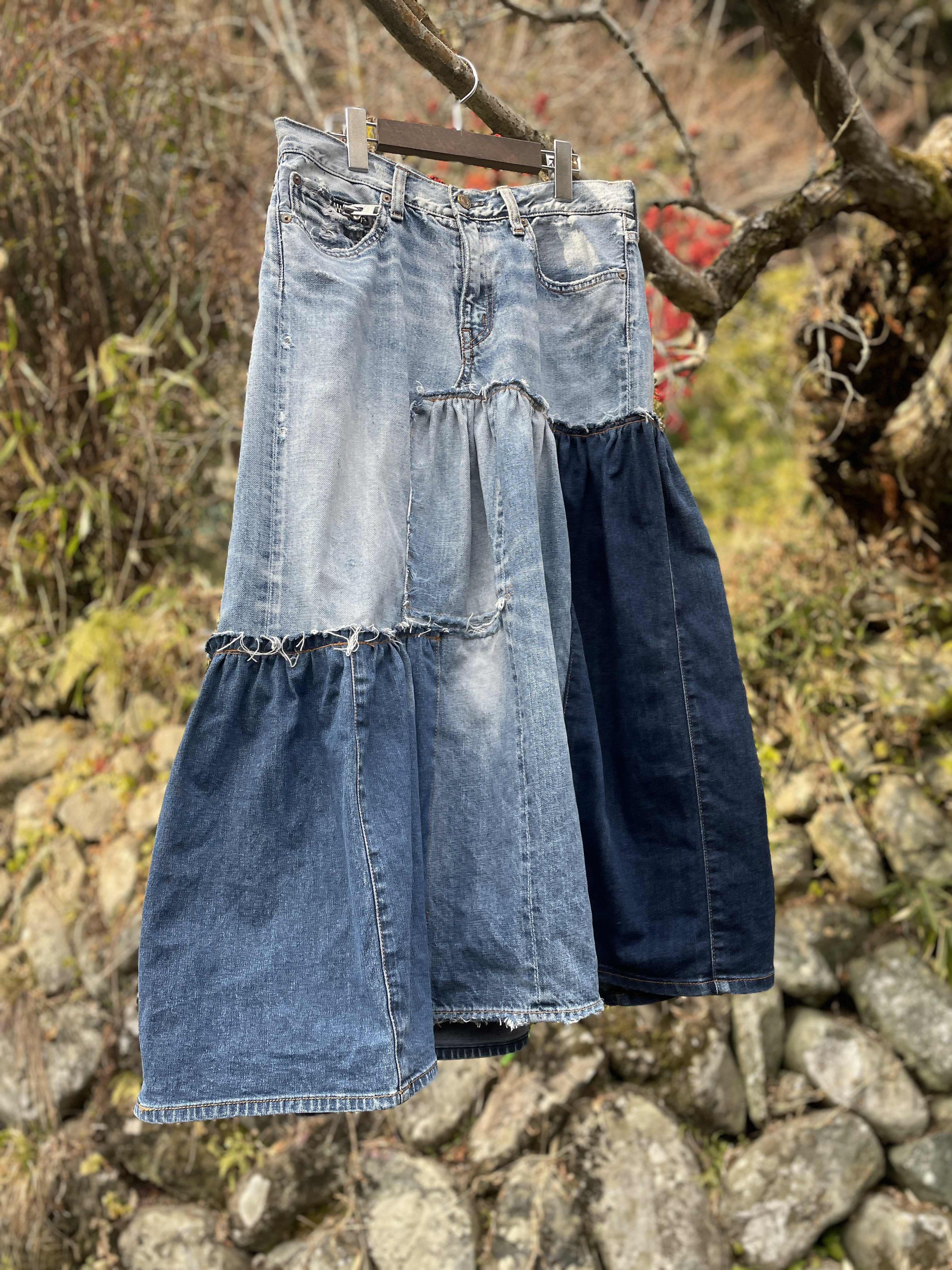 オトナ可愛いデニムリメイク変形3段ティアードスカートパッチワークsk-0015