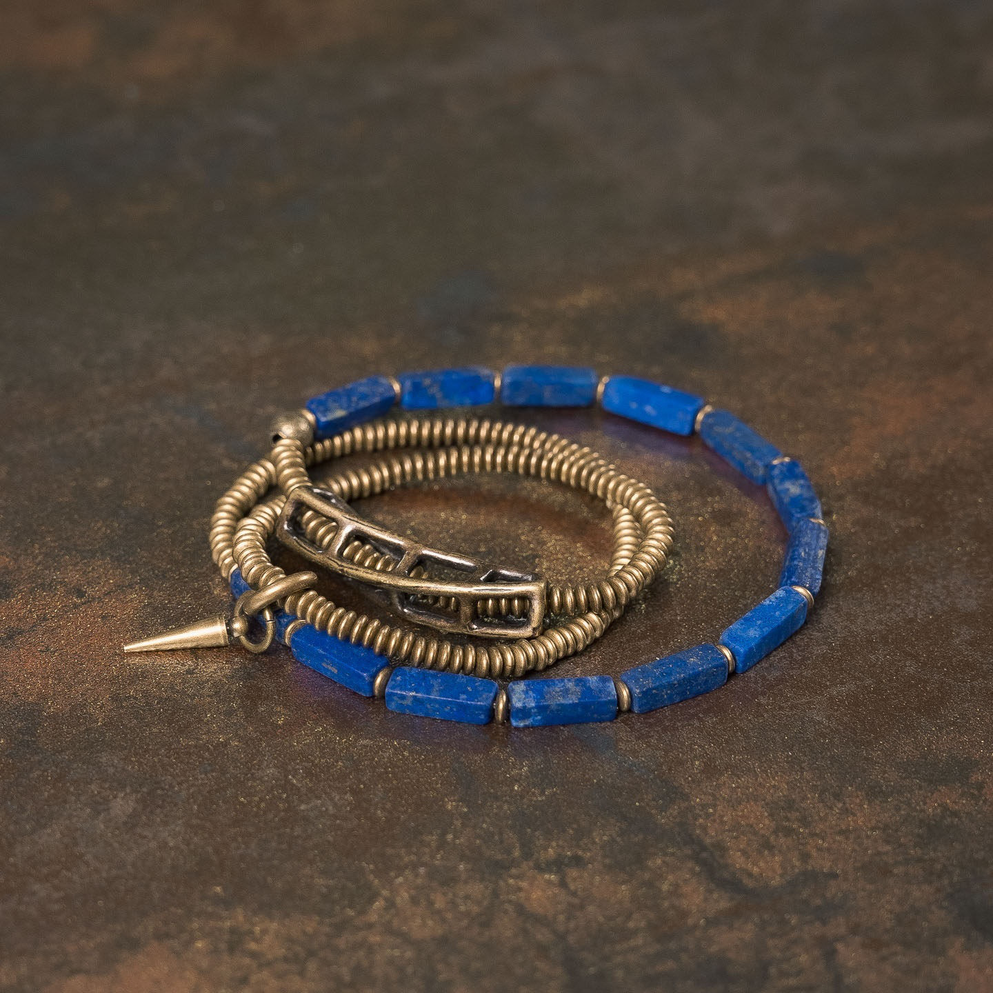 天然ラピスラズリ マットスクエア ブレスレット｜A単連・B二連・C三連｜真鍮ヴィンテージ｜ハンドメイド ユニセックス｜1