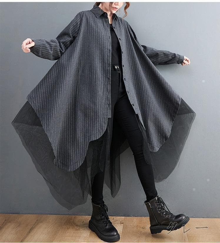 大きいサイズ　レディース　秋冬　シャツ　コート　アウター　長袖　ストライプ