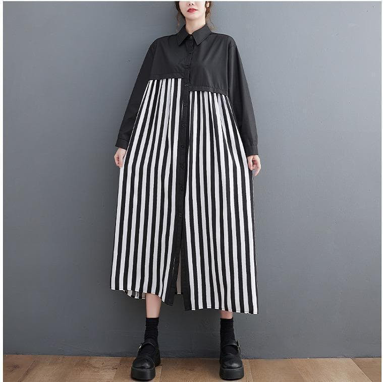 ストライプ　大きいサイズ レディース ロング　ワンピース　長袖　秋冬 長袖