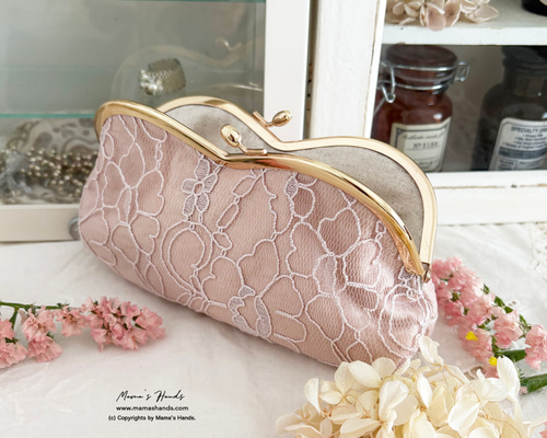 ハートのシャンパンローズ》ピンク 花柄 レース がま口 コスメ メガネ