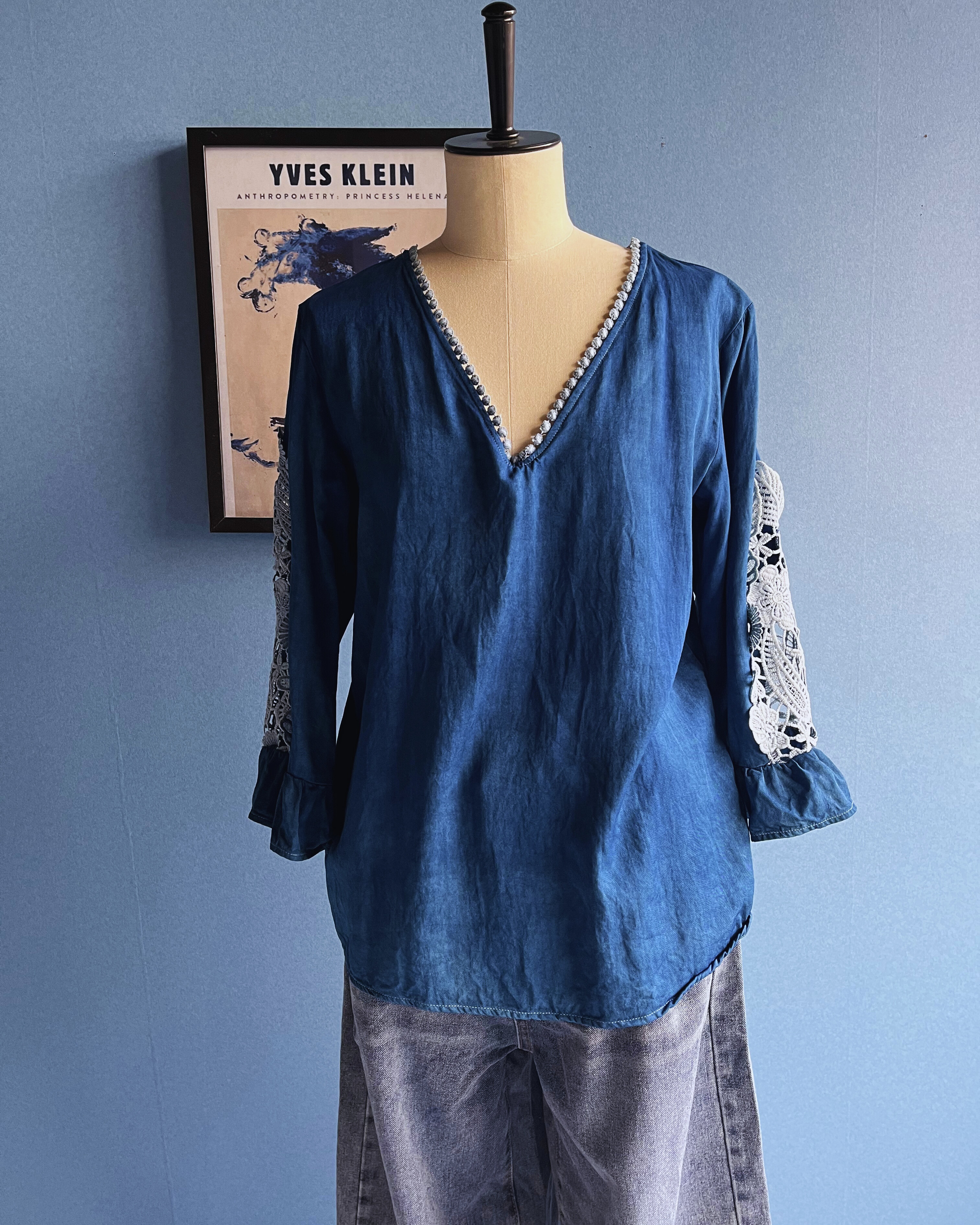 【SHEINリメイク】ハンドダイ インディゴ ブラウス、一点物