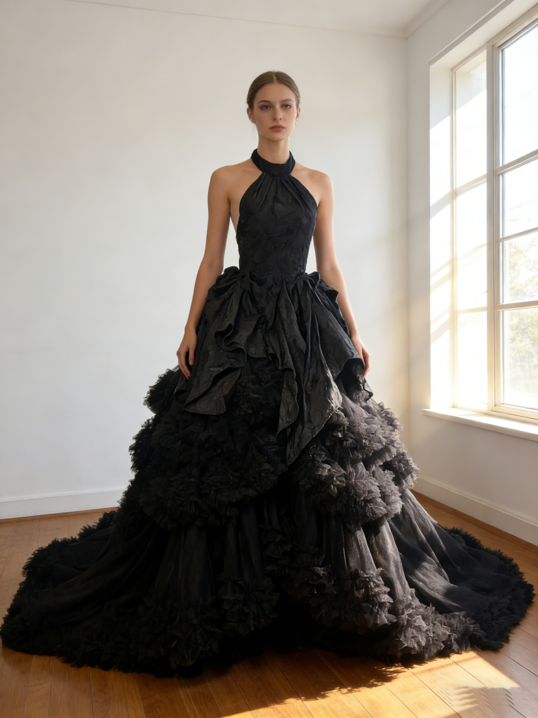 カラードレス ブラック  アメスリ ジャガード生地 ボリュームドレス  アシンメトリー風 結婚式