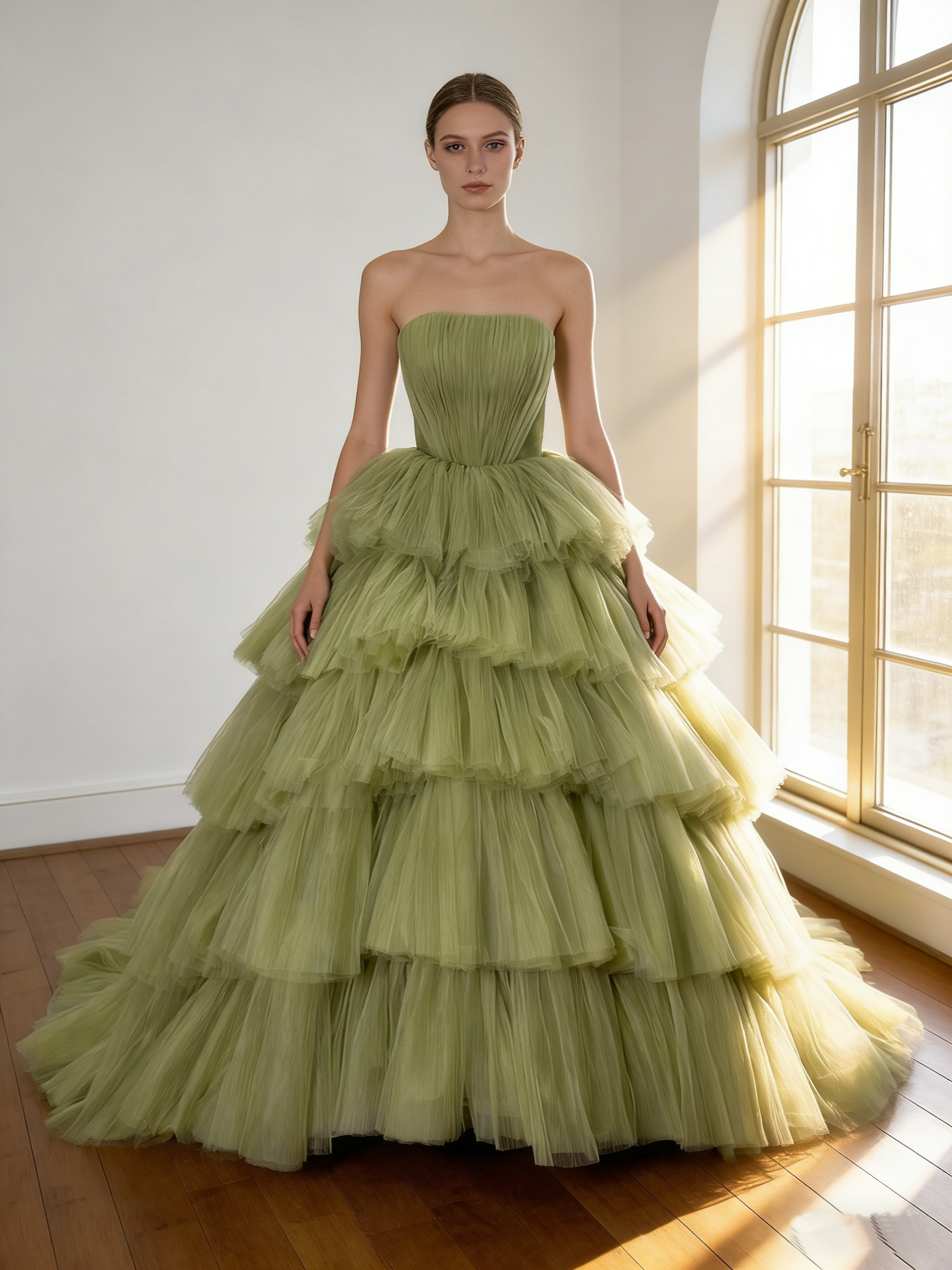 カラードレス グリーン スリット ビスチェドレス ティアードのドレス トレーン 花嫁