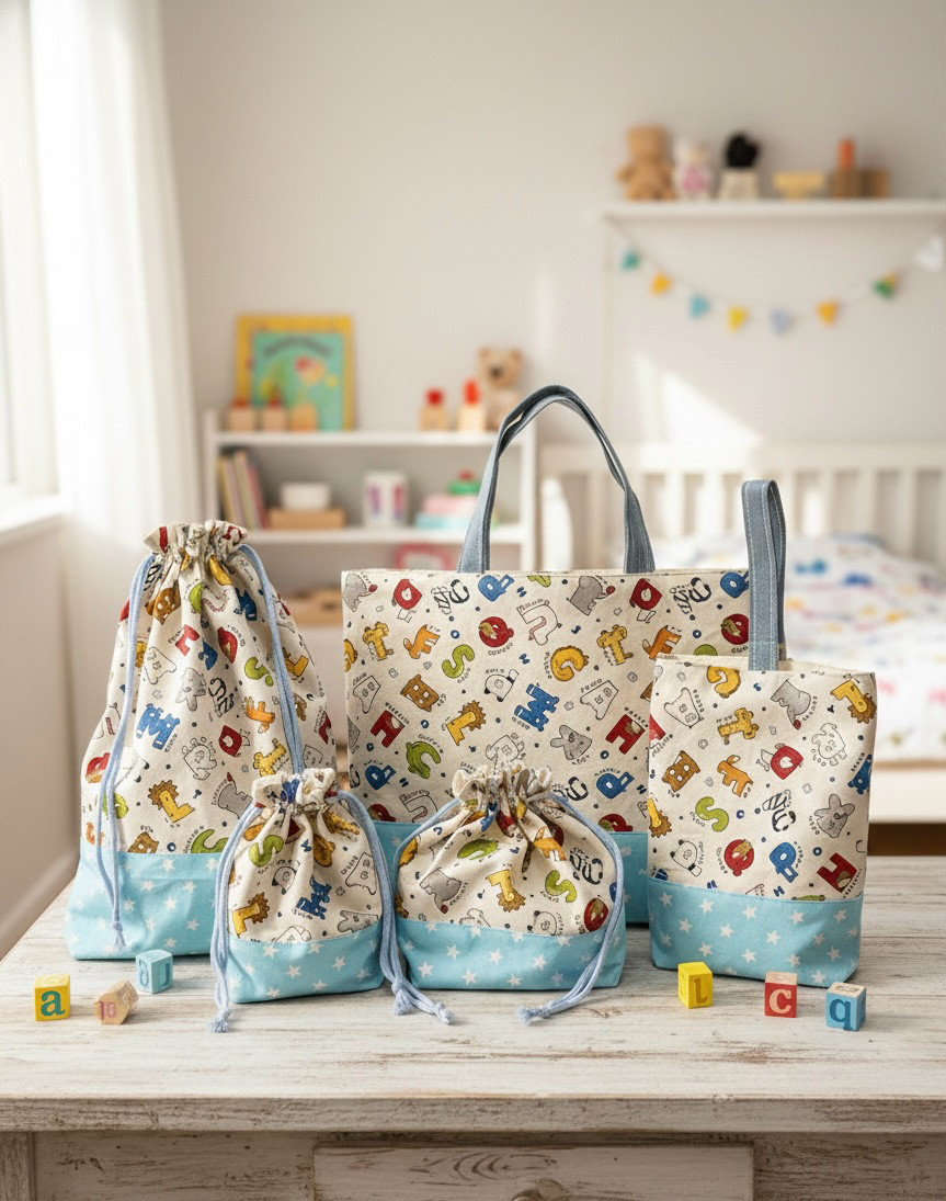 【入園入学セット】レッスンバック・シューズ入れ・コップ袋・お弁当袋・着替え袋/動物・英語（名前入れ可）