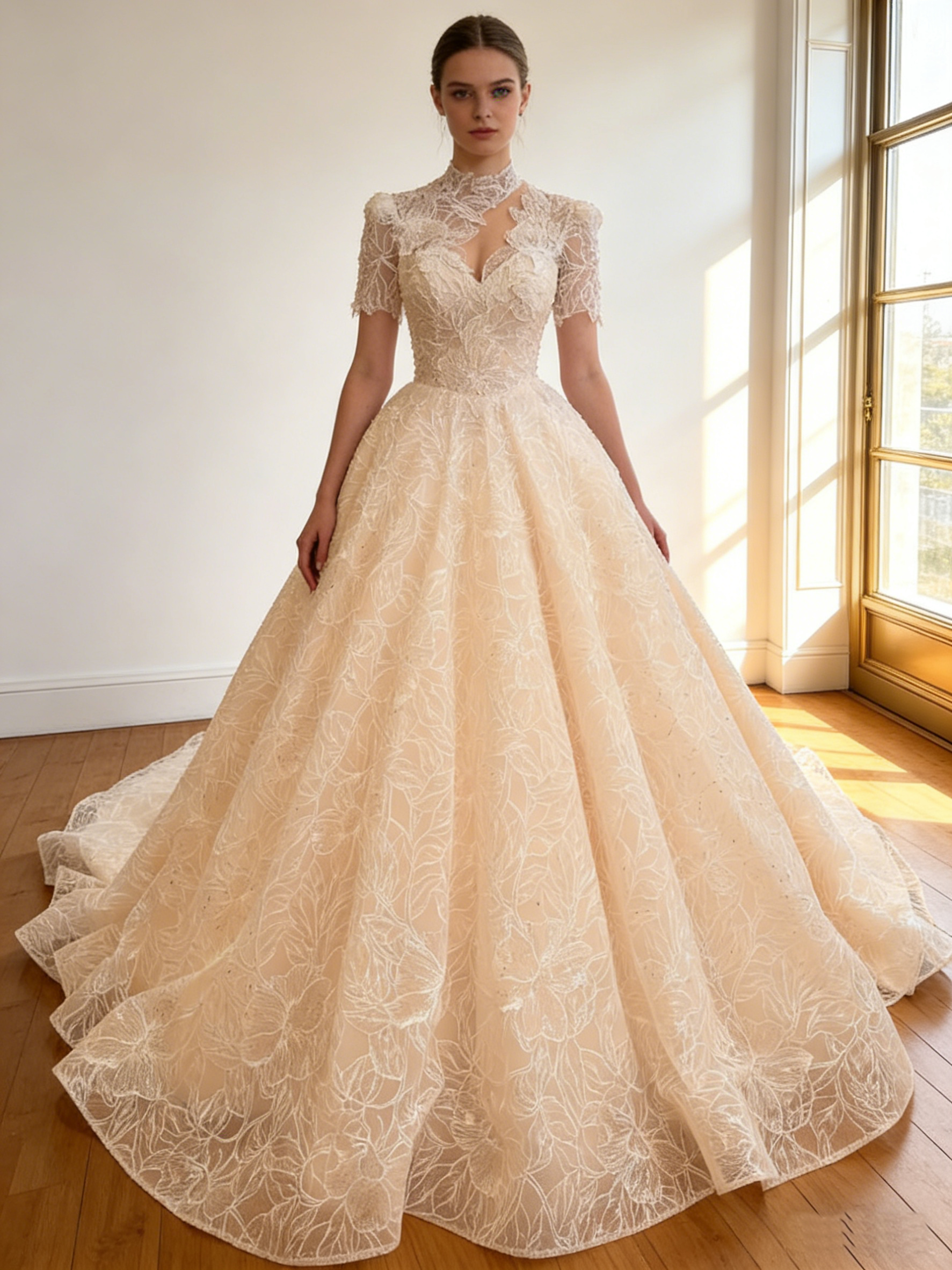 ウエディングドレス オフホワイト 短袖 贅沢な総レース  韓国風ドレス  華やかなトレーン  ブライダル