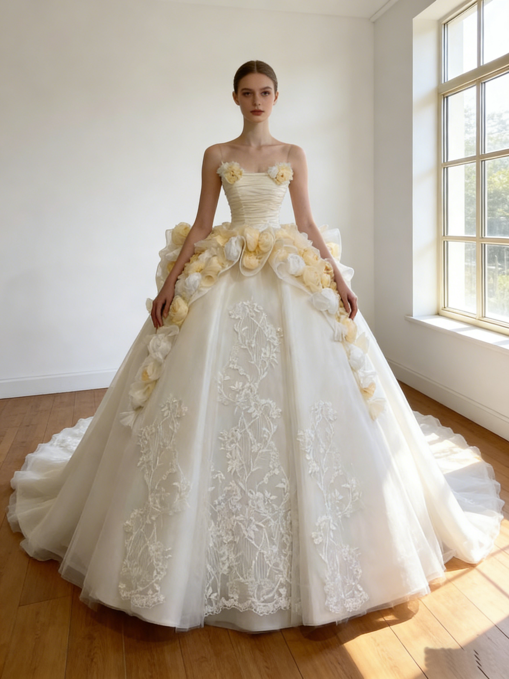 ウエディングドレス  オフホワイト 韓国風ドレス バラトレーン  繊細なレース  華やかなトレーン  ビスチェドレス