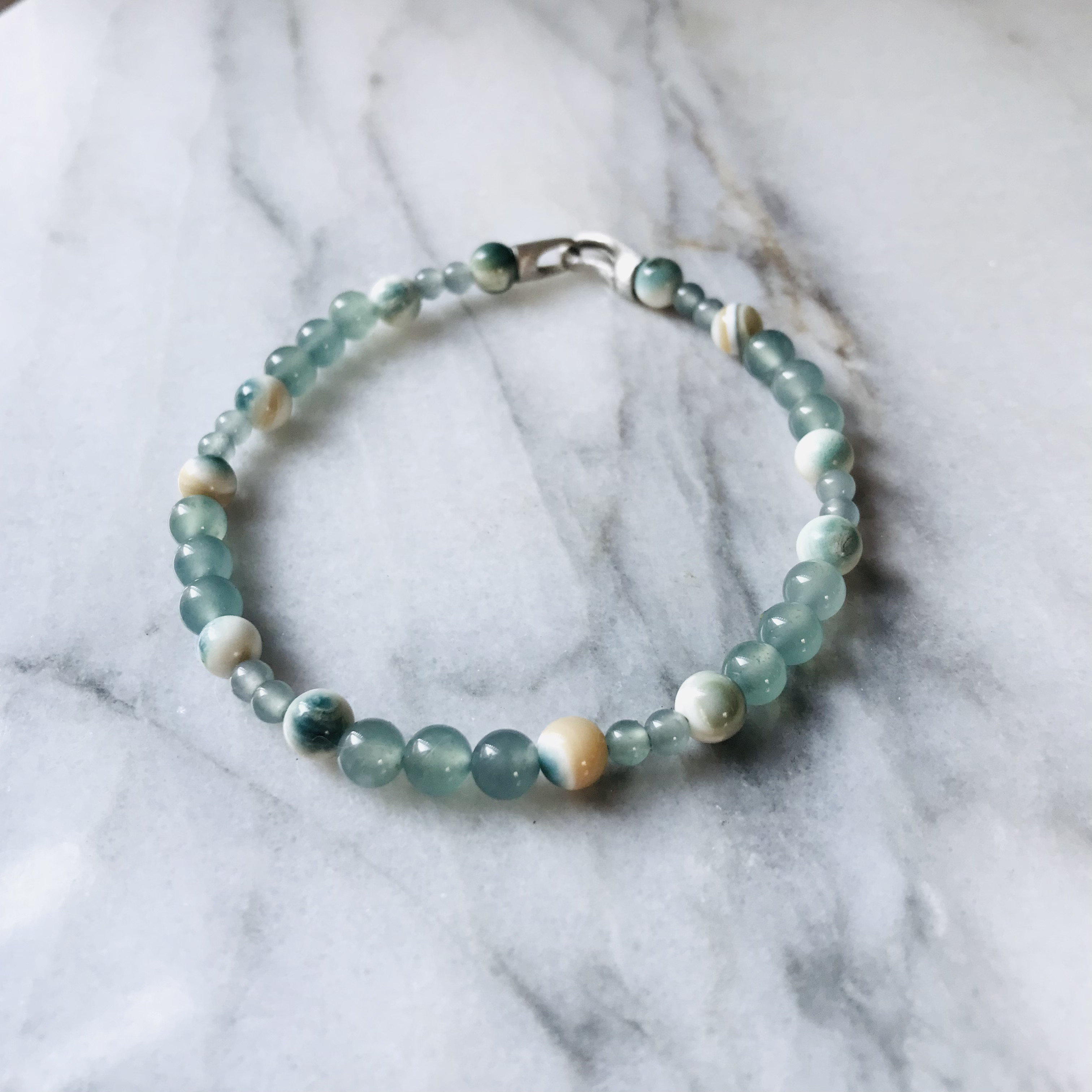 [B614-001］ ジェイド　ヒスイ　本翡翠　ブレスレット　天然石　グアテマラ産　18cm 夜光貝　s925 29,250円