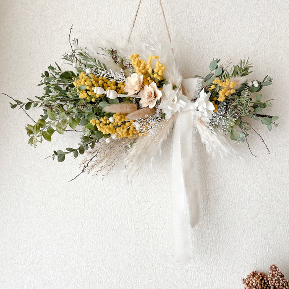 ミモザ 横向きスワッグ ナチュラル ドライフラワー 横長スワッグ