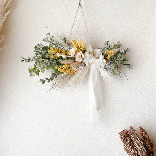 ミモザ 横向きスワッグ ナチュラル ドライフラワー 横長スワッグ