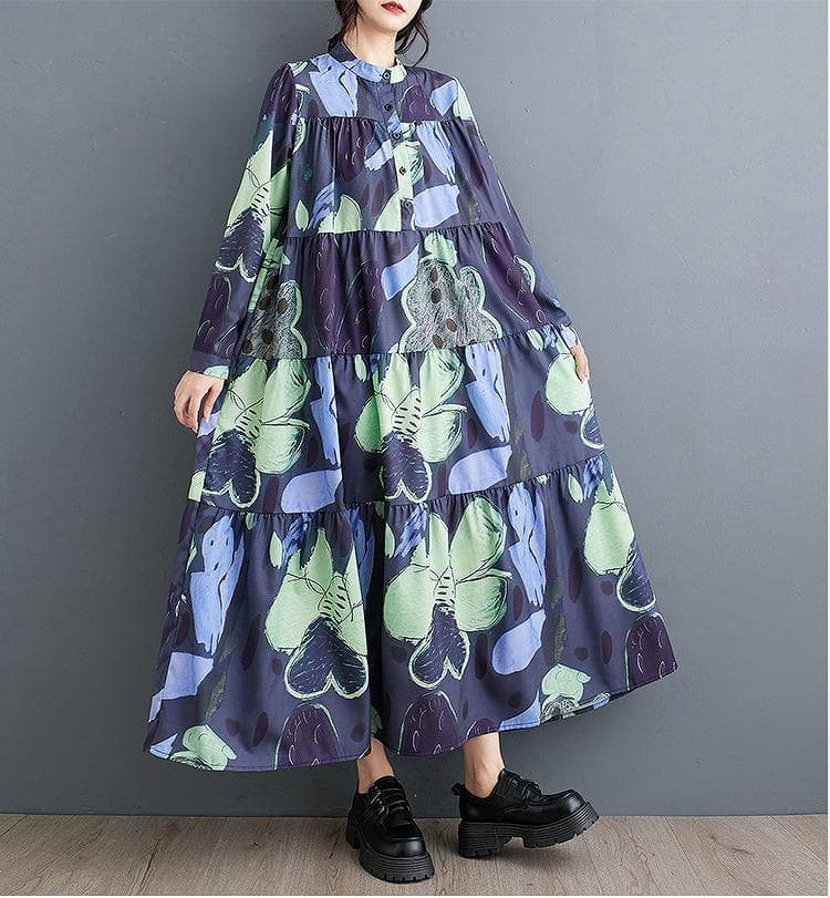 【大きいサイズ】新品 ロング花柄ティアードワンピース 長袖秋冬長袖 マキシ丈