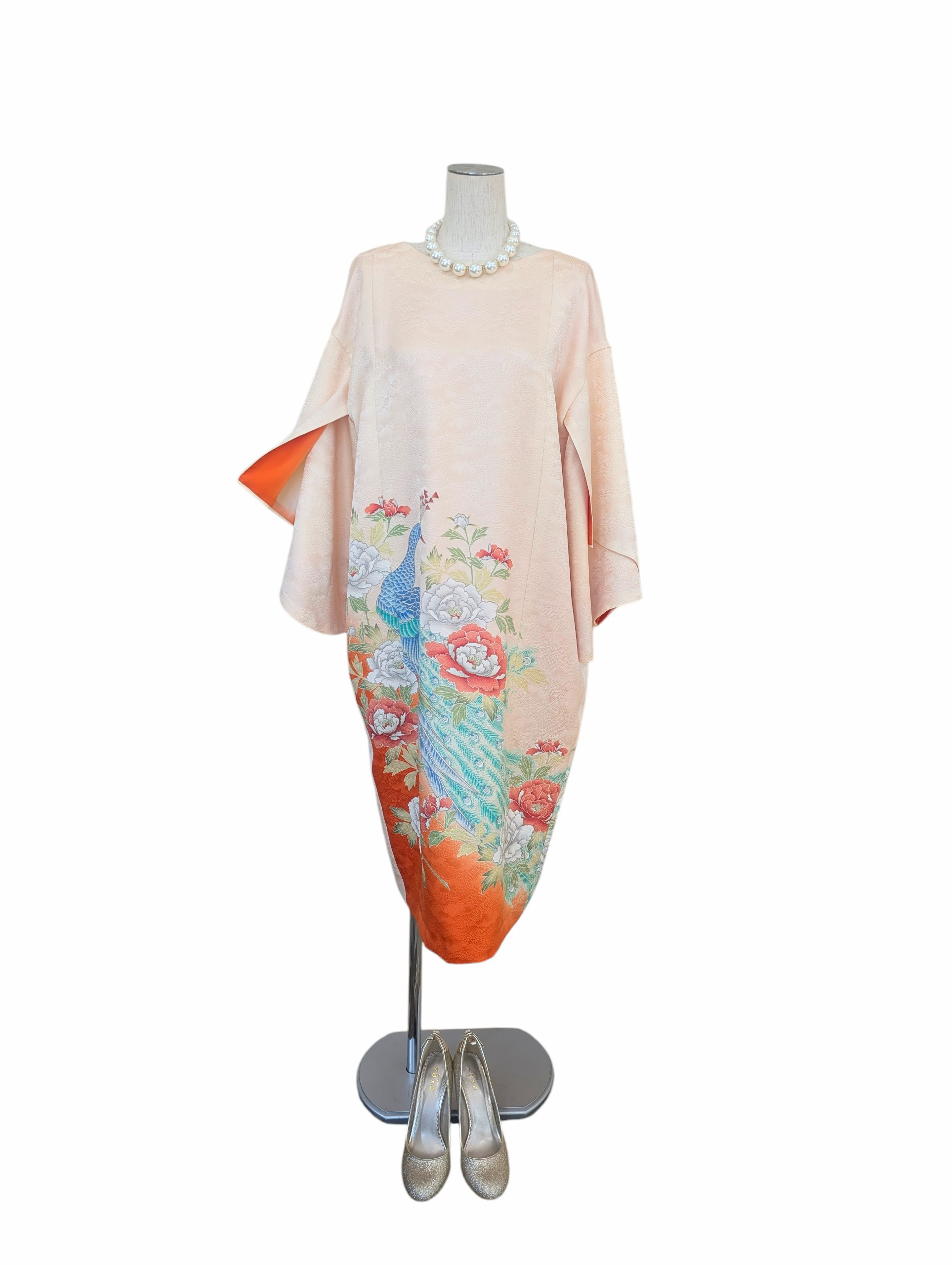 着物リメイク 孔雀と牡丹のコクーンドレス／ 2601d01