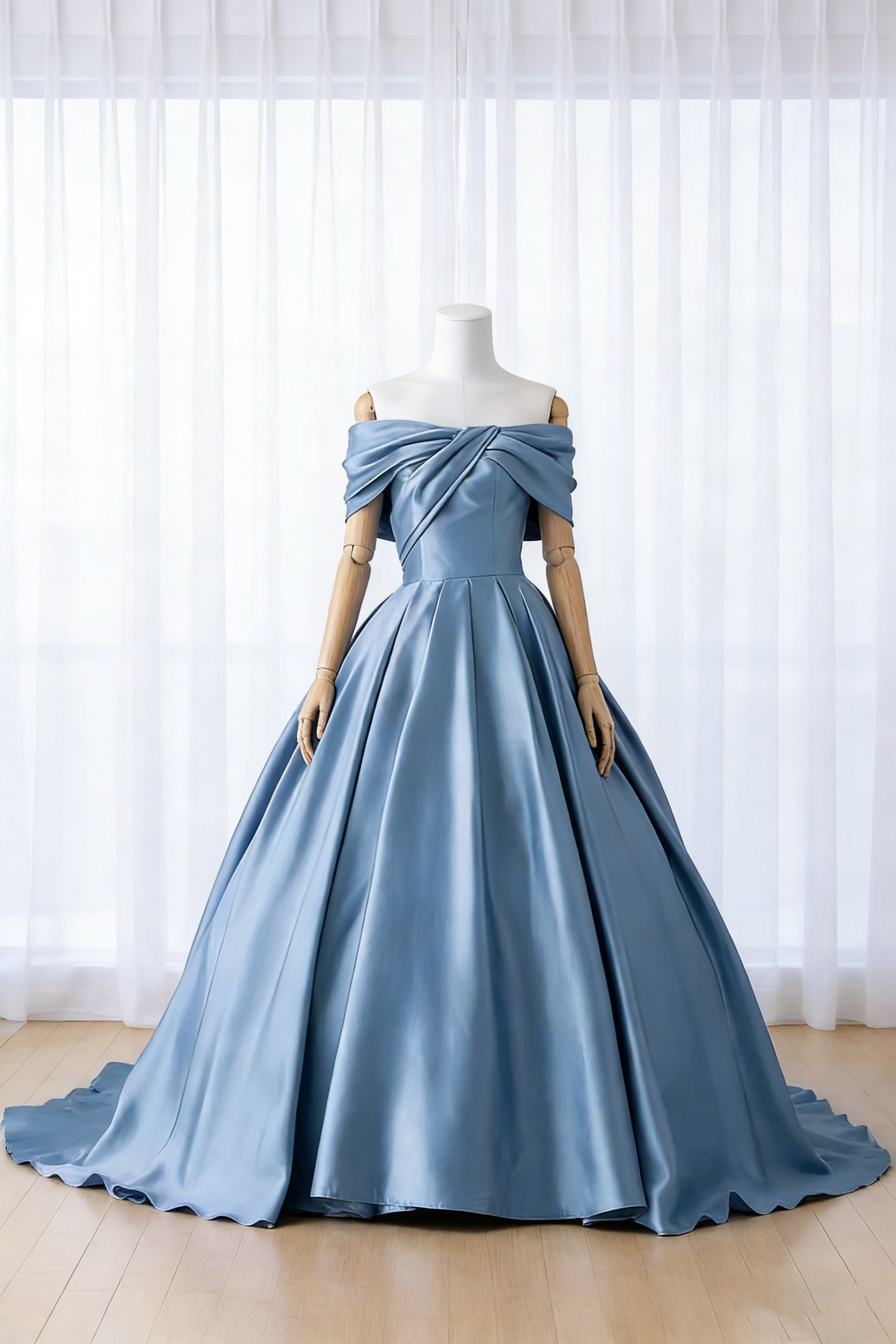 送料無料！カラードレス オフショルダー ブルーグレー ラッフルフリル リボントレーン ハンドドレープ 結婚式/披露宴
