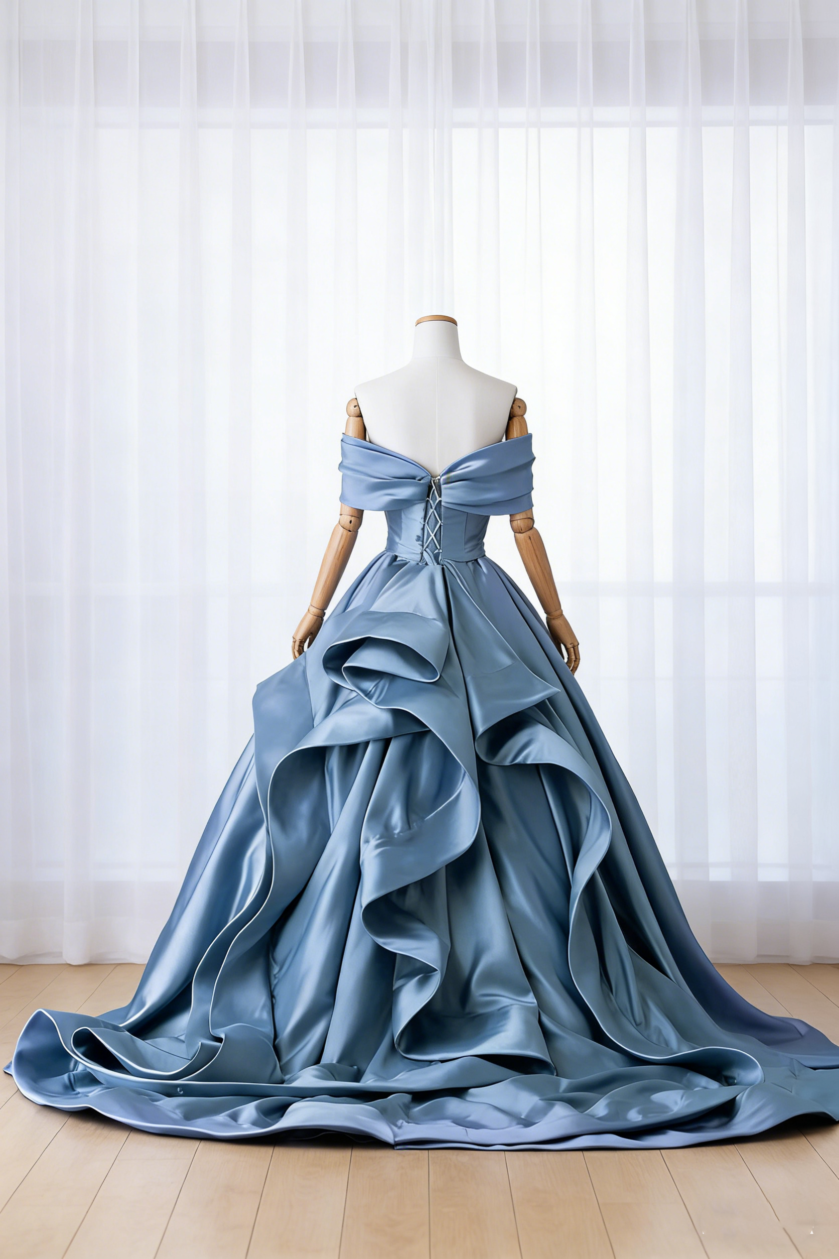 送料無料！カラードレス オフショルダー ブルーグレー ラッフルフリル リボントレーン ハンドドレープ 結婚式/披露宴