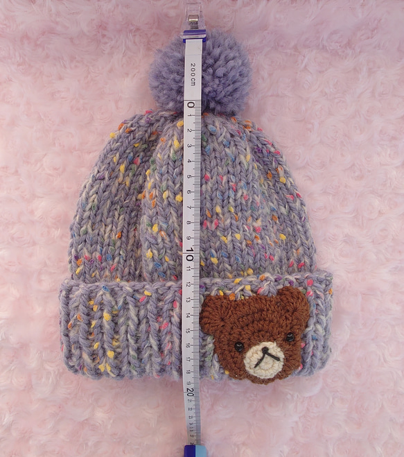 ​【手編み】ほっこりくまさんのポンポンニット帽水色（全6色）｜ベビー・キッズ 3枚目の画像