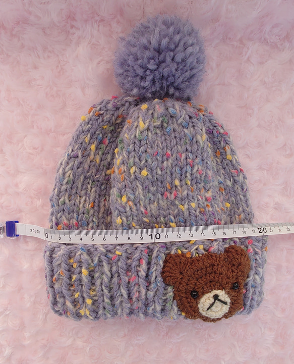​【手編み】ほっこりくまさんのポンポンニット帽水色（全6色）｜ベビー・キッズ 2枚目の画像