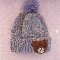 ​【手編み】ほっこりくまさんのポンポンニット帽水色（全6色）｜ベビー・キッズ 1枚目の画像