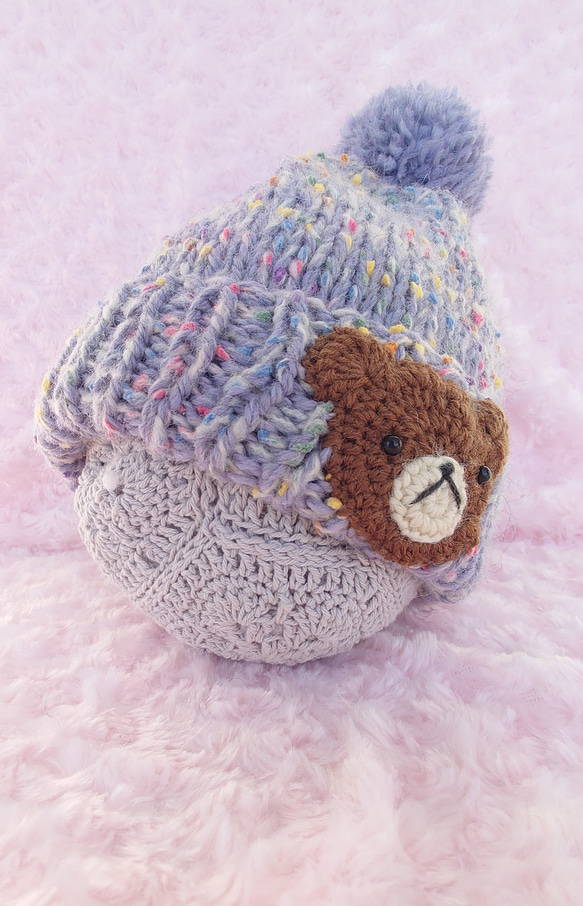 ​【手編み】ほっこりくまさんのポンポンニット帽水色（全6色）｜ベビー・キッズ 4枚目の画像