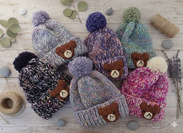 ​【手編み】ほっこりくまさんのポンポンニット帽水色（全6色）｜ベビー・キッズ 6枚目の画像