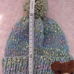 ​【手編み】ほっこりくまさんのポンポンニット帽グリーン（全6色）｜ベビー・キッズ 3枚目の画像