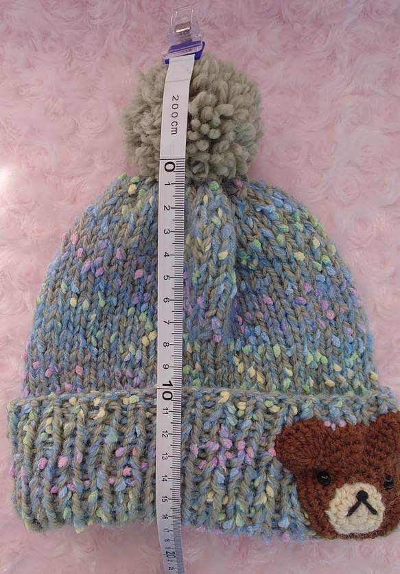 ​【手編み】ほっこりくまさんのポンポンニット帽グリーン（全6色）｜ベビー・キッズ 3枚目の画像
