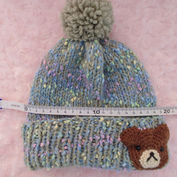 ​【手編み】ほっこりくまさんのポンポンニット帽グリーン（全6色）｜ベビー・キッズ 2枚目の画像
