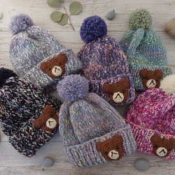 ​【手編み】ほっこりくまさんのポンポンニット帽グリーン（全6色）｜ベビー・キッズ 6枚目の画像