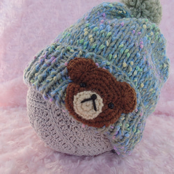 ​【手編み】ほっこりくまさんのポンポンニット帽グリーン（全6色）｜ベビー・キッズ 4枚目の画像