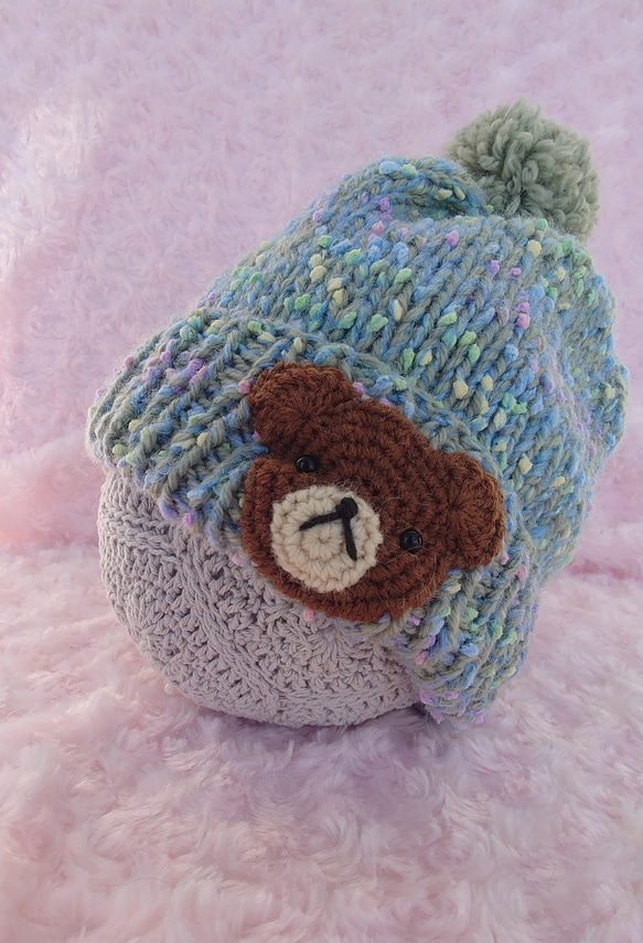 ​【手編み】ほっこりくまさんのポンポンニット帽グリーン（全6色）｜ベビー・キッズ 4枚目の画像