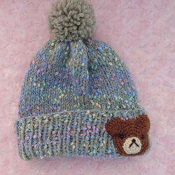 ​【手編み】ほっこりくまさんのポンポンニット帽グリーン（全6色）｜ベビー・キッズ 1枚目の画像