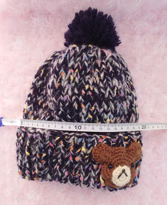 ​【手編み】ほっこりくまさんのポンポンニット帽ネイビー（全6色）｜ベビー・キッズ 2枚目の画像