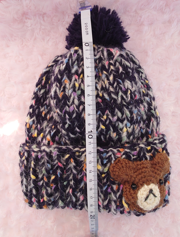 ​【手編み】ほっこりくまさんのポンポンニット帽ネイビー（全6色）｜ベビー・キッズ 3枚目の画像