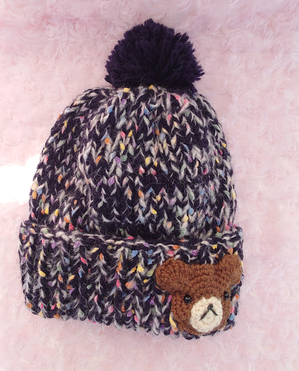 ​【手編み】ほっこりくまさんのポンポンニット帽ネイビー（全6色）｜ベビー・キッズ 1枚目の画像