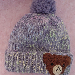 ​【手編み】ほっこりくまさんのポンポンニット帽水色（全6色）｜ベビー・キッズ 1枚目の画像