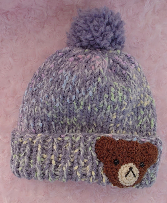 ​【手編み】ほっこりくまさんのポンポンニット帽水色（全6色）｜ベビー・キッズ 1枚目の画像