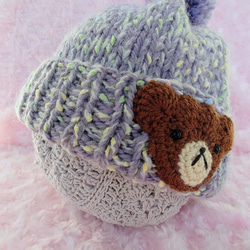 ​【手編み】ほっこりくまさんのポンポンニット帽水色（全6色）｜ベビー・キッズ 4枚目の画像
