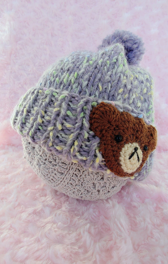 ​【手編み】ほっこりくまさんのポンポンニット帽水色（全6色）｜ベビー・キッズ 4枚目の画像